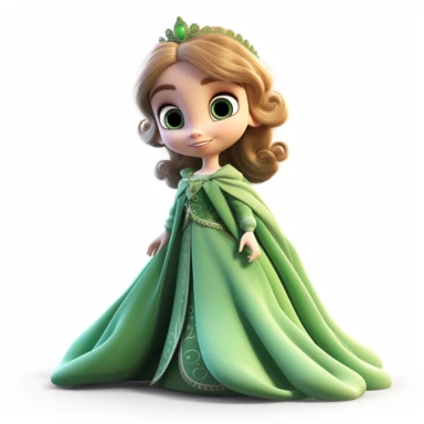 pixar style little princess clipart, green tone colors, big eyes, smiling, lovely, adorable, full body, on white background