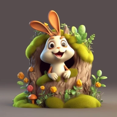 adorable bunny with bright eyes and a curious expression. peeking out from a cozy hollow in a tree trunk, surrounded by moss, mushrooms, butterflies Fairytale Cartoon Art Style, Full Body Image and Appearance, 3D-Designed Character, in style of clipart with no background