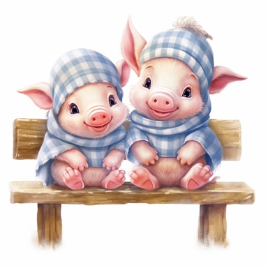 2 cute and fluffy baby pigs sitting on a bench, disney style, clipart on white background, no shading