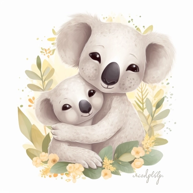 cute floral illustration, realistic adorable one baby cute coala hugging his cute mom, happy clipart, nursery style clipart, nursery animal art, kids wall art, baby room decor, isolated on white, ultra - detailed, high quality, ghibli style, award winning