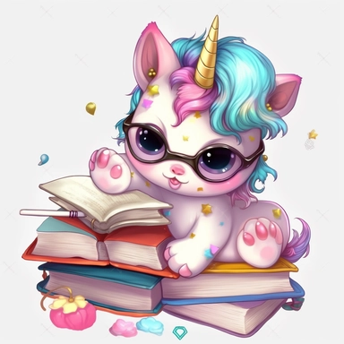 Baby cartoon Unicorn studying for school, highly detailed, anime, adorable, pastel,clipart