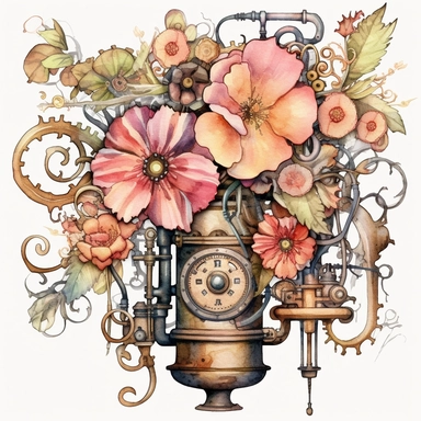 Transport your audience to a mesmerizing realm where steampunk aesthetics meet the fluid beauty of watercolor with this captivating collection of floral arrangements clipart. Harness the expressive power of watercolor as the artistic medium, allowing its translucent layers and delicate brushstrokes to bring life to the steampunk-inspired compositions. Infuse the artwork with the distinctive elements of steampunk culture, referencing the works of authors like H.G. Wells and incorporating imagery 