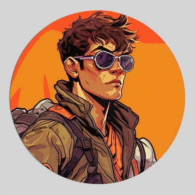 A circular tondo depicting a Dungeons & Dragons character human badass scout ranger, Mike Allred Josh Kirby Mad Max Lord of the Rings, handpainted retrowave, clipart illustration, circle solid background