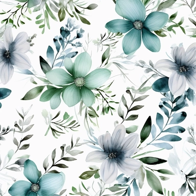spring leaves blossoming flowers pattern watercolor floral watercolor pattern clip art free download, mosaic-like patterns, blues and greens, attention to fur and feathers texture, 3840x2160, hand-coloring, light gray and dark brown