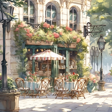 watercolor image, imagine a captivating cafe set in a charming European city. The cafe stands on a stone-paved street decorated with vibrant flowers and elegant lampposts. Its exterior is decorated with trailing ivy and blooming window boxes. Outside, tables with white tablecloths and mismatched chairs are scattered on the paved patio. Customers leisurely enjoy their drinks, lounging in the warm sunlight under colorful umbrellas. Through the large windows of the cafe, you can glimpse an inviting