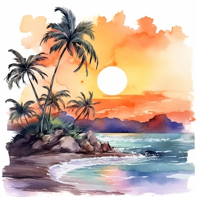 a magical beach between mountains, palm trees, white sand, sunset, broken waves, watercolor, clipart, white background,--v 5