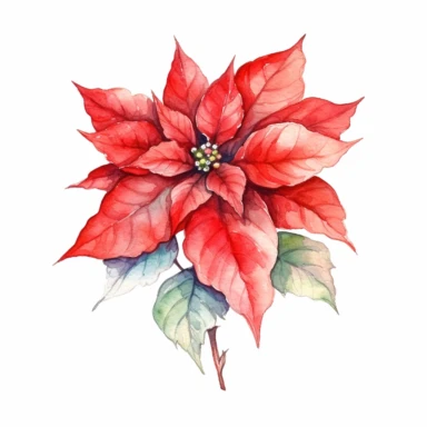 A isolated watercolor clipart, christmas red poinsettia, white background, Art Nouveau, highly detailed,