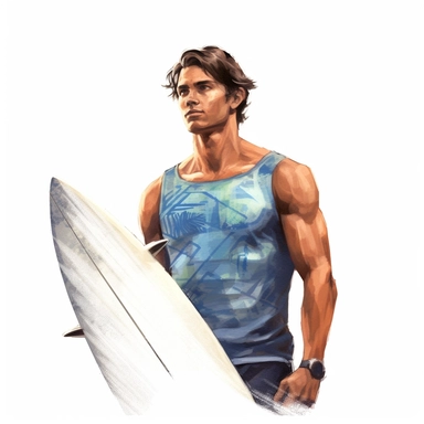beautiful stunning hawaiian surfer young man , paint art style, clipart, white background, superrealistic, one of a kind