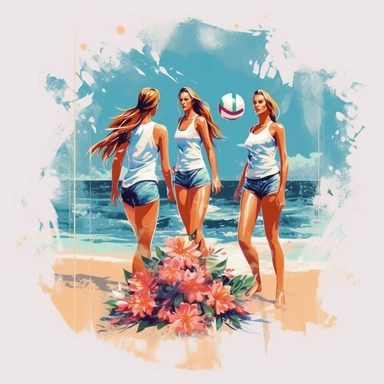 tshirt print artwork in digital painting style, beautiful flowers, girls in bikini play volleyball on beach, white background, colorful fantasy surround, highly detailed clean, vector image, photorealistic masterpiece, professional photography, realistic, flat white background, isometric, vibrant vector, clipart, illustration, realism, 4k, , cinematic, front view, white background,