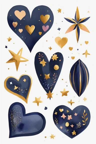 collection of clipart, hearts and stars theme, two big hearts and four big stars, modern watercolor. by mary blair. white background, navy blue, golden,