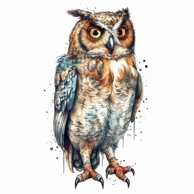 A Cute Happy Owl Standing.Watercolor hyper-realistic detailed animal illustrations, elegant inking techniques, delicate markings, monochromatic paintings, free brushwork, watercolor illustrations, painted illustrations Clipart, White Background
