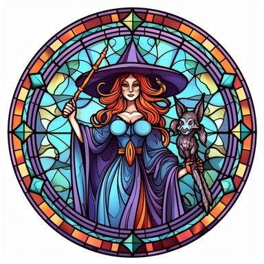Vintage Colorful Beautiful Stained glass Witch Sublimation Clipart,Cartoon, hyper realistic, intricate detail, illustration style,high solution,on the white background