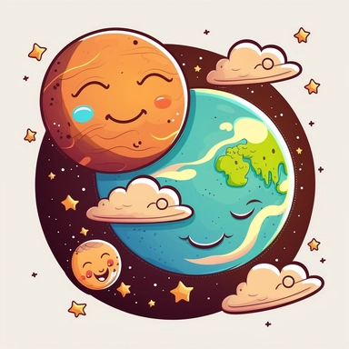 planet earth gently sleeping next to its friend old moon. with big blue oceans and green continents. With clouds and stars on a solar system drawing, cartoon, clipart style, vector style, comic.