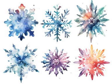 Watercolor clip art on white background, Snowflakes Clipart, high-resolution image with vibrant and true-to-life colors, isolated