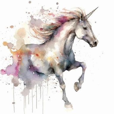 digital clipart, solid white background, a gray legendary watercolor unicorn galloping