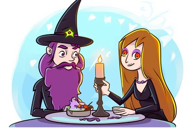 Cute Wizard on a magical candlelight dinner date with Cute Witch Clipart, on white background, spaced out, RGB, Romantic, Wizardcore, Witchcore, Multiverse, Ultra HD, hyperdetailled