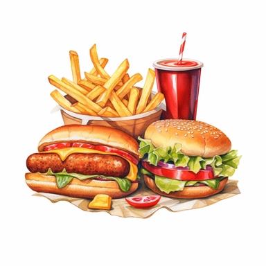 watercolor style clipart featuring different fast food items, specifically a burger with fries, hotdog, fries, and cola