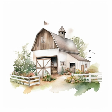 pretty white painted barn clipart, painted white, pretty charming farmyard setting with plants trees and farm accessories, fence, detailed watercolor illustration, light color palette, farmyard accessories, isolated on white background