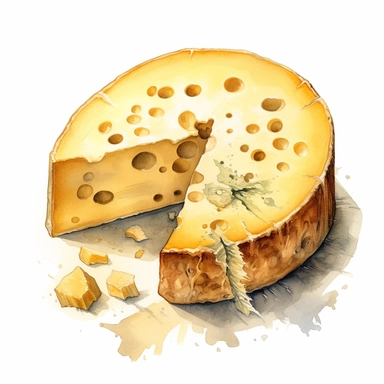 watercolor ultra realistic and hyper detailed illustration of a Cheese wheel with a slice missing, showing the interior, clipart, white background