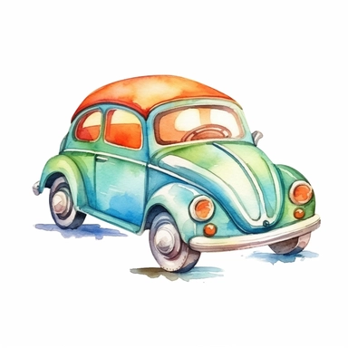cute colorful car toy clipart, for childish cards, detail, illustration style, high solution, Watercolor, on the white background, hd