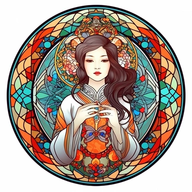 Vintage Cute Beautiful Round Stained Glass Korean fashion girl Sublimation Clipart, Cartoon, hyper realistic, intricate detail, illustration style, high solution, on the white background