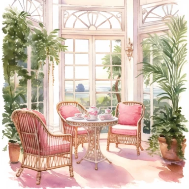 A vintage-inspired pink tea party scene in a sunlit pink conservatory, with ornate pink ironwork, lush pink greenery, and vintage pink wicker furniture. The soft watercolor washes and delicate brushstrokes in shades of pink bring the scene to life, capturing the essence of a leisurely afternoon tea. Clipart, watercolor, white background