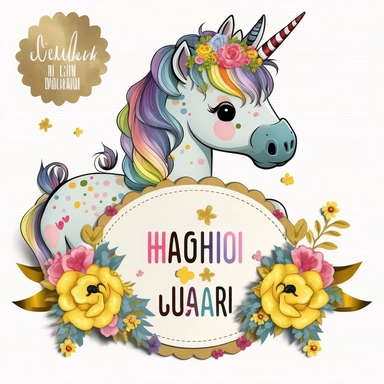 cute unicorn in chibi style with flowers in hair, colourful rainbow colours, well lite, with name plate ribbon with gold trim, watercolor clipart using procreate grain brush, svg white background