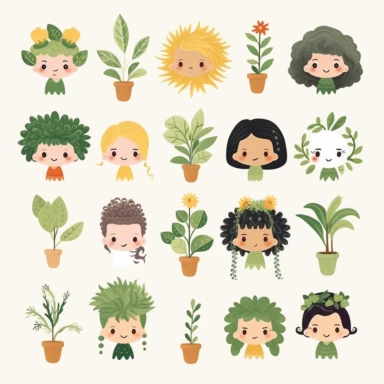 Create an adorable clipart set featuring cute plant people in a charming cartoon style. Each plant person should have a unique plant-inspired body and cute facial features. Design them with leafy hair, vine-like arms, and legs resembling roots or stems. Add expressive eyes and friendly smiles to give them a lovable and approachable look. Use a bright and cheerful color palette to enhance their appeal and make them visually engaging. These cute plant people clipart illustrations will be perfect f