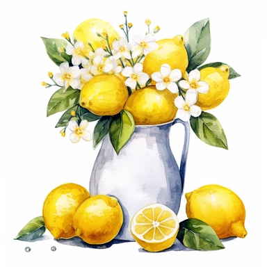 Commercial shot of realistic watercolor painting of a really cute cottagecore lemon themed flower vase clipart, aesthetic, good looking food, delicious, yummy, foodie, healthy, white background no text, isolated on white, watercolor illustration, award winning, strong and sharp lines