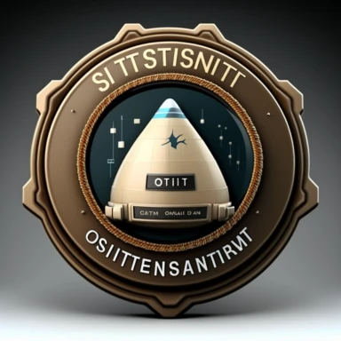 a round badge, facing front, with serrated edges, for OSINT investigators, with a nameplate and a satellite:, clipart