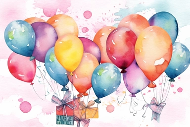 watercolor birthday clip art with balloon gifts, in the style of dau al set, art deco sensibilities, aquarellist, vibrant stage backdrops, dadaist mixed-media art, folk art inspiration, lush and detailed