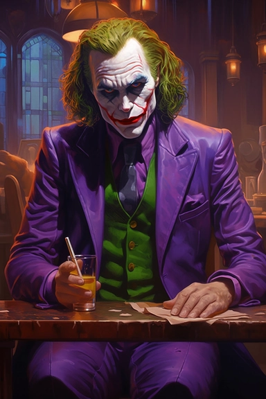 the joker cartoon in purple outfit, blue suit png clipart, in the style of austin briggs, grey academia, precisionist lines, calculated, light navy and light green, g. willow wilson, marine biology-inspired An oil painting sitting at a clean dark bar, drinking a beer, very detailed 32k