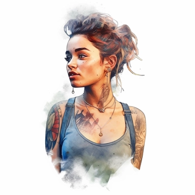 watercolor style, a beautiful girl with clearly visible tattoos, type of a creative person: graphic designer, freelancer, fashion designer, content manager or similar. Expressing freedom and self confidence. Modern and bold look. Realistic colors. Realistic picture. Tattoo of a good quality with clearly visible lines and colors - very sharp and clear. Clipart, isolated on white background, 4K