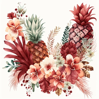 watercolor dusty burgundy floral in the far bottom left corner and far top right coner only, and pineapples in the far bottom left left corner and far up right corner only, clipart, coral, white background, no text