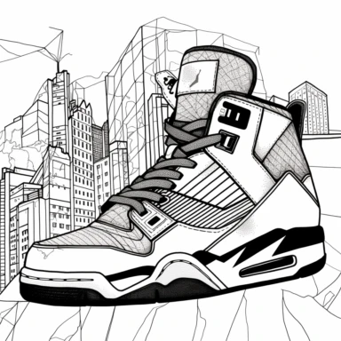 Coloring Page of a pair of shoes Nike Air Jordan in urban city, Geometric style, sgraffito painting, clipart black and white