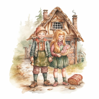 Hansel and Gretel Watercolor illustration clipart, photorealistic high details, white background