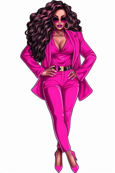 Cartoon Black Skin African American Clipart Plus size Beautiful Rich Woman Wearing pink neon suit wearing gold jewelry having beautiful face long eyelashes and beautiful lips beautiful long hair confident confident wearing high heels no text