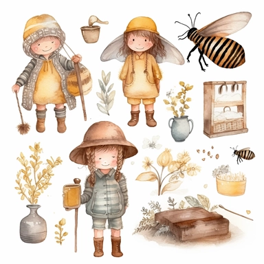 Watercolor boho beekeeping, illustrations clipart set, simple, soft colors, cartoon elements, different variants, cute little boy and girl beekeeping, separate elements with a margin