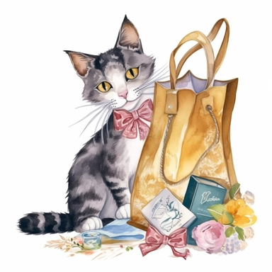 Beautiful watercolor clipart of a playful cat with a paper bag, capturing the elegance and grace of felines, with intricate colors and details, perfect for a book cover, whimsical and charming, high-quality illustration, hand-painted with care, sophisticated and stylish.