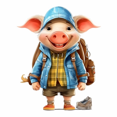 cute Pig character wearing camping clothes and camping gear with happy face,front facing on isolated background,with happy face and expression,Animal Sublimation Clipart,no splash watercolor,white background, ultra detailed clipart, cut out image, colorful watercolor realistic, cartoon style, ultra HD, sharp and clean art