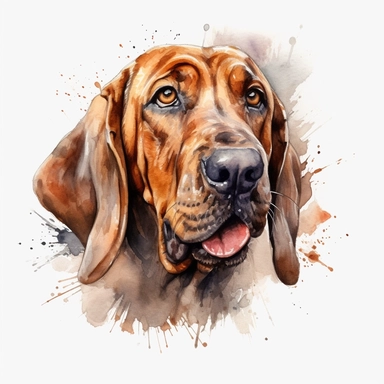 cute Bloodhound dog portrait, full face, centered shot, side shot, dynamically posed, in action, playful mood, happy mood, playing mood, cute face, adorable smile, childlike eyes, clean watercolor illustration, white background, nursery baby imagery, painting, detailed, 8k, PNG, clipart,