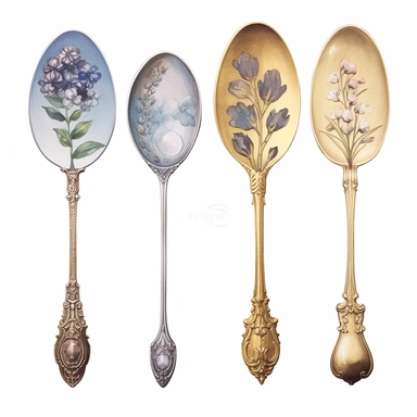 4 watercolor cliparts of neoclassical metallic spoons with flowers integrated on it, yaka art, Hyperrealistic still life, aurorapunk, 1990s, appropriation artist, hellenistic art