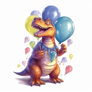 a T-Rex cartoon character holding colorful balloons for a birthday party, glamorous , Gouache, white background with margins, Clipart style