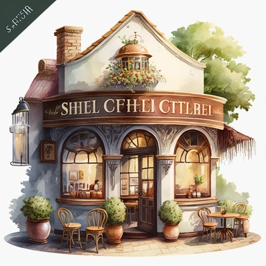 watercolour traditional style beautiful coffee shop beautifully detailed tradition style coffee shop,png image,high resolution,300 dpi,graphic clipart,computer graphics