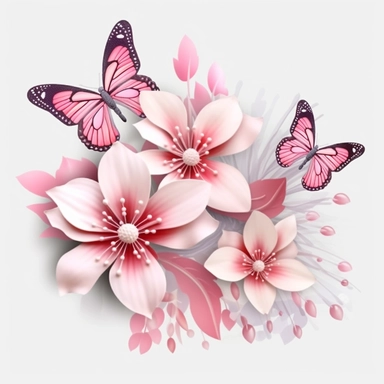 3D exceptionally beautiful pink flowers and butterflies in 3D, clipart white background