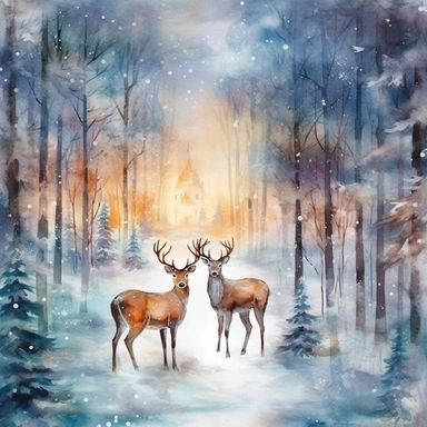 cosy Christmas Eve, snowy forest, forest animals celebrating Christmas, calm, twinkling lights, ornamental watercolor, clipart, I can't believe how beautiful this is
