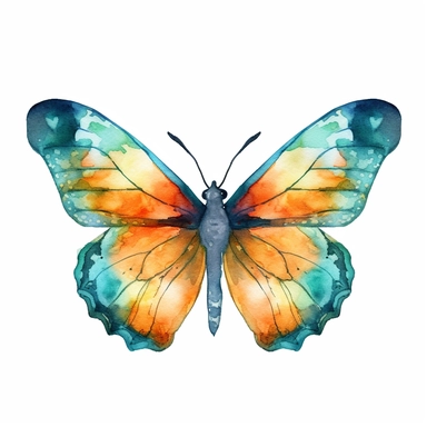 orange and teal butterly clipart, watercolor style, white isolated background, 4k, hdr