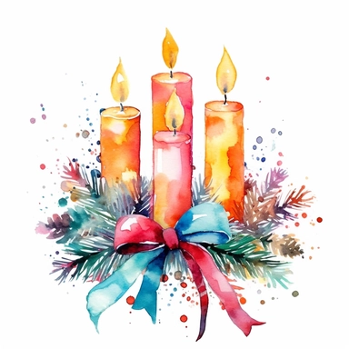 watercolor Christmas wreath adorned with christmas candles clipart, vibrant colors, add glitter, on a white background