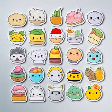 clipart elements, series of stickers, super cute sweets , kawaii style, each sticker with a white outline, light grey background