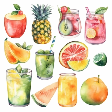 summer food clipart set isolated on white, watercolor summer clipart, cold drinks mojito, pineaple juice, oranges, bananas, watermelons